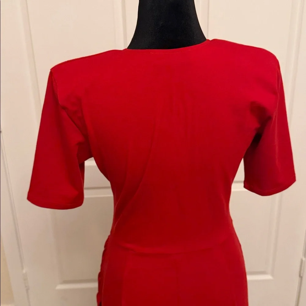 Fleur du Mal Red Deep Plunge Midi Dress with Side Ruching - Picture 7 of 13